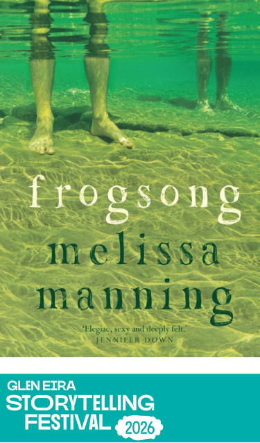 The cover of Frogsong by Melissa Manning features a muted green background with the title in pale yellow lowercase lettering. A blurred underwater scene with drifting aquatic plants creates a quiet, atmospheric feel