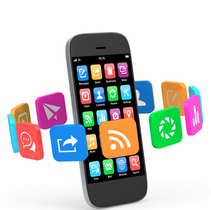 A mobile phone with cartoon Apps swirling around it