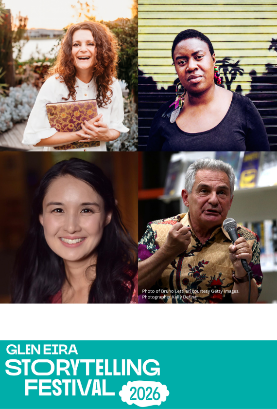 Composite image featuring headshots of four speakers: Alice Pung, Maxine Beneba Clarke, Demet Divaroren and Bruno Lettier