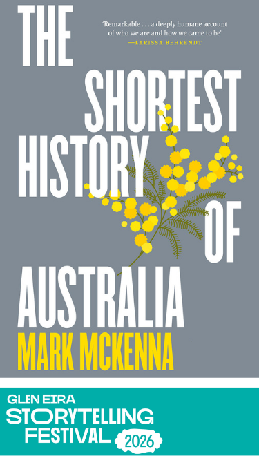 A grey book cover with wattle imagery on it. the book cover is called The Shortest History of Australia written in write text.