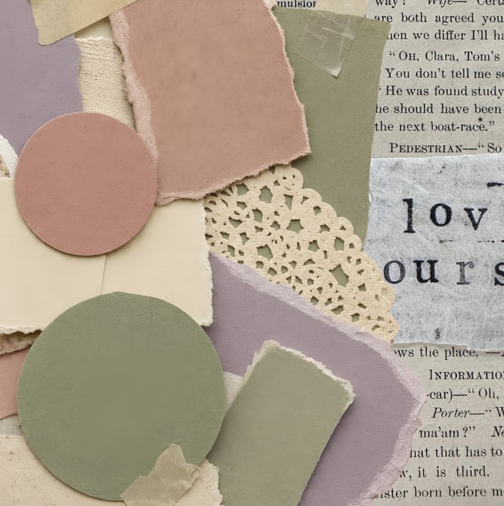 A group of scrapbook papers, vintage book pages and decorative paper in pastel shades.