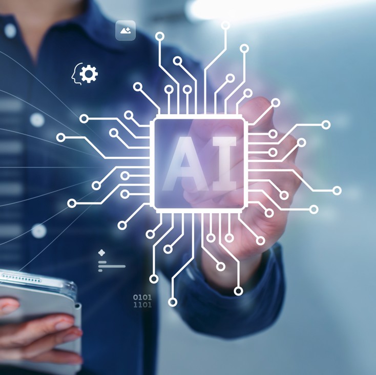 A person using a smartphone with a graphic representing artificial intelligence.