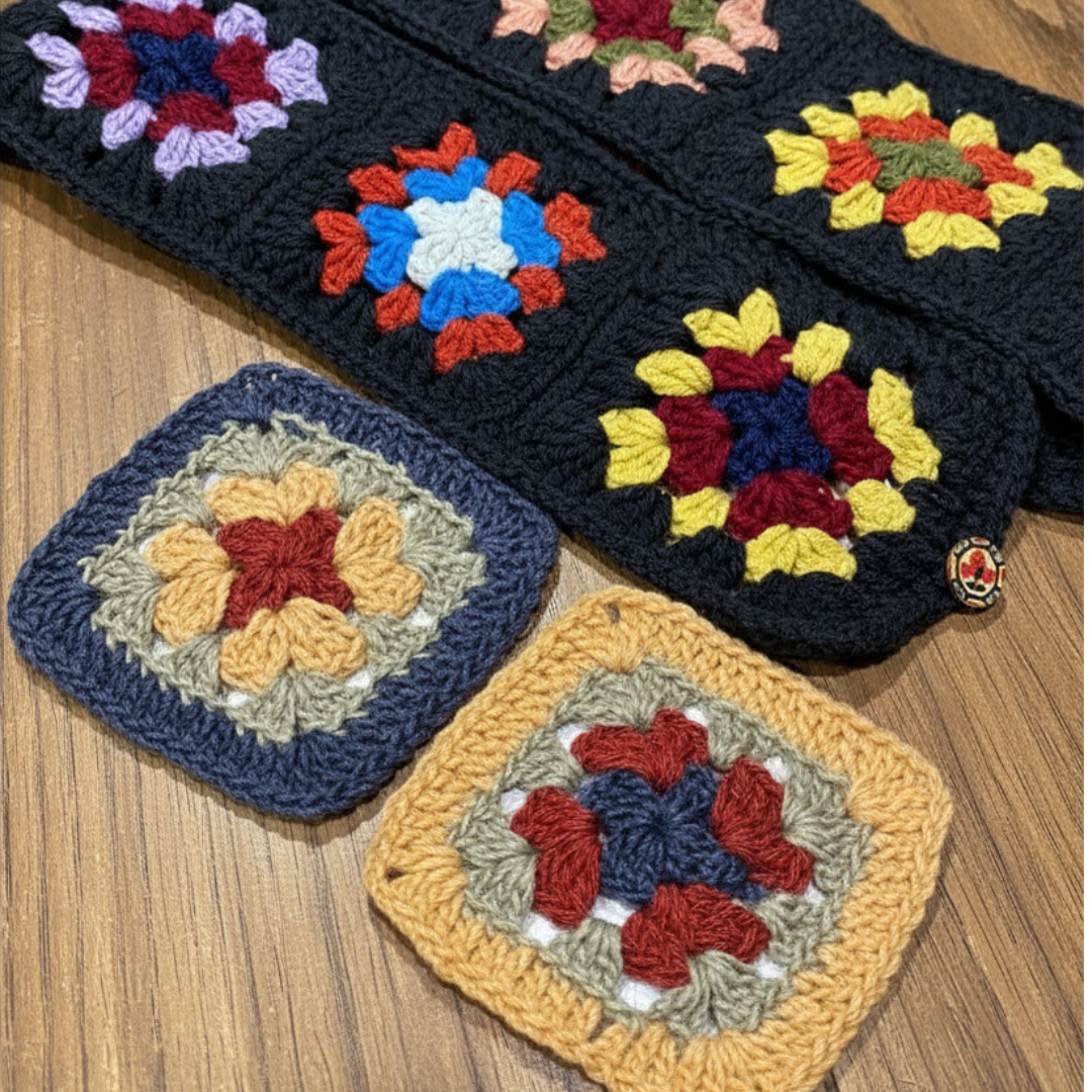 A selection of crochet granny squares. 